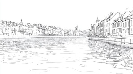 Poster - A river runs alongside urban buildings, suitable for use in illustrations about cities or waterways