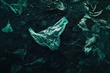 a discarded plastic bag lies amidst fallen leaves on dark soil, a poignant image of environmental po