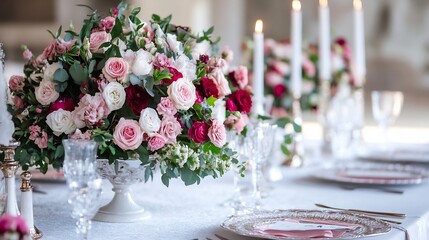 Poster - Elegant floral centerpiece featuring pink and red roses with crystal accents at a formal dining setting : Generative AI