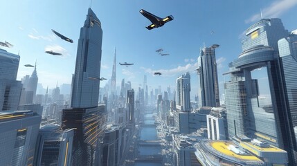 Poster - sci-fi cityscape with futuristic skyscrapers and flying cars.