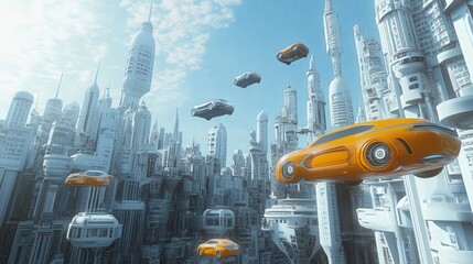 Poster - sci-fi cityscape with futuristic skyscrapers and flying cars.