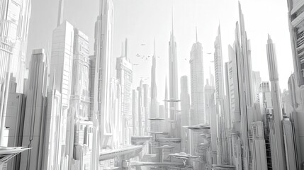 Poster - sci-fi cityscape with futuristic skyscrapers and flying cars.