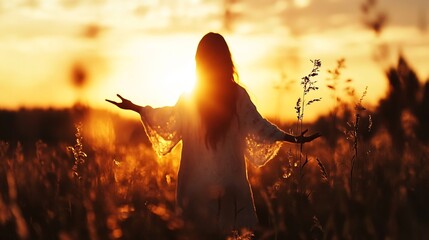 Silhouette of a woman embracing nature at sunset in a golden field creating a peaceful and serene scene : Generative AI