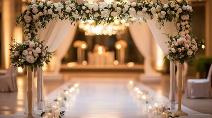 Poster - Beautiful wedding altar decorated with flowers and soft lighting for a romantic ceremony : Generative AI