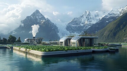 Poster - sea-based agricultural platform where floating farms produce sustainable food.