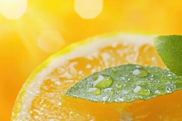 Poster - A close-up shot of an orange slice with a leaf, perfect for use in food and nature photography