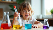 © huaomanz - A child excitedly conducting a science experiment, with colorful liquids and beakers, representing hands-on learning.