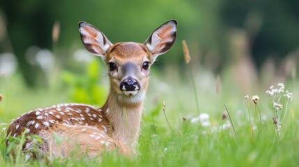 Poster - Adorable young deer resting on green grass creating a peaceful scene in nature showcasing wildlife beauty : Generative AI