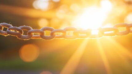 Poster - close up view of chain glimmering in the sunrise with beautiful rays of light : generative ai