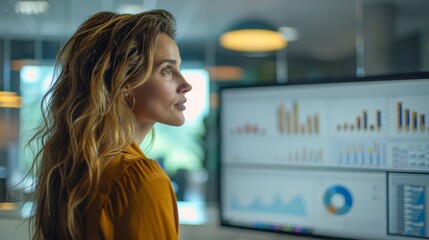 Leinwandbilder - A businesswoman with long hair focuses intently on her computer screen displaying various graphs and charts. The bright and modern office setting highlights her engagement with the data.