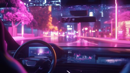 Poster - self-driving car with an interactive AI assistant and holographic windshield display.