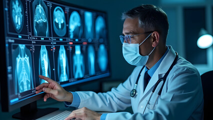 A photo of a doctor using AI-powered medical imaging software to analyze patient data,  showing how AI is  transforming healthcare by providing precise diagnoses and personalized treatment plans.