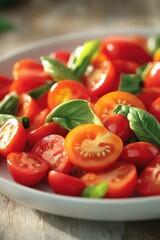 Wall Mural - A vibrant assortment of cherry tomatoes, aromatic basil leaves and thin slices of red bell pepper, presented in a bowl for a refreshing salad.