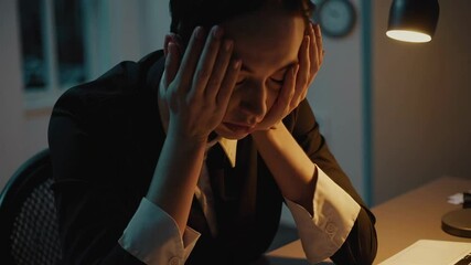 Poster - Slow motion sequence of a young businesswoman holding her head and temples, showing signs of stress and burnout while working late at night in her office