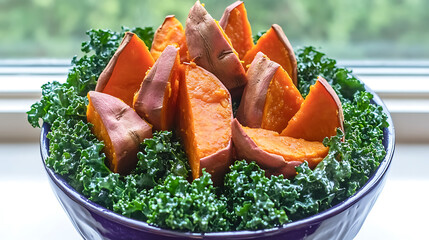 Sticker - Steamed sweet potato wedges in a purple bowl surrounded by fresh curly green kale.