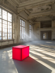 Wall Mural - Sunlight streams into a dilapidated room illuminating a bright red cube on the floor.