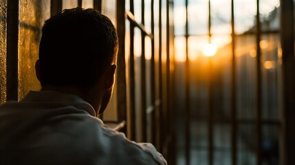 Poster - Man sitting in jail cell looking out at sunset through bars reflecting on freedom : Generative AI