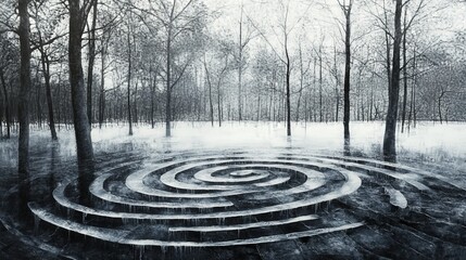 Poster - scene where raindrops freeze mid-air, forming a crystalline labyrinth