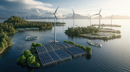 Poster - energy farm with advanced wind turbines, floating solar panels, and algae-based biofuel production