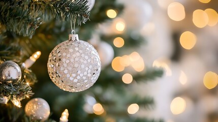Poster - Beautifully decorated Christmas tree with shimmering silver bauble and warm glowing lights in the background : Generative AI