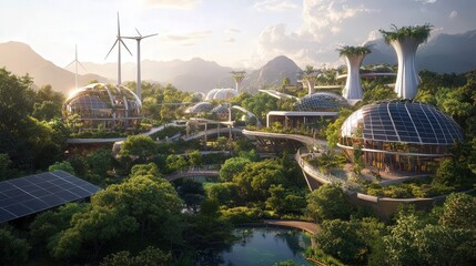 Poster - solar panels, wind turbines, and water recycling systems to minimize its carbon footprint