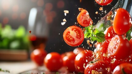 Aufkleber - Fresh Cherry Tomatoes Splashing Into Bowl Surrounded by Aromatic Herbs and Bokeh Background : Generative AI