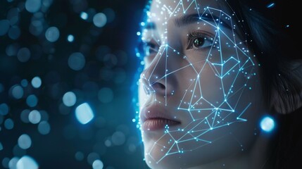 Poster - A close up view of a female face featuring a network of bright, glowing connections and particles. The atmosphere suggests a digital or futuristic environment with elements of technology.