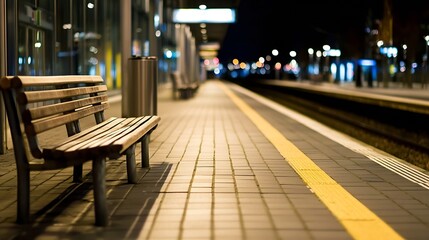 Aufkleber - Abandoned bench at a train station platform illuminated by soft night lights creating a lonely ambiance : Generative AI