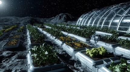 Poster - food production station on the Moon, growing crops in artificial soil.