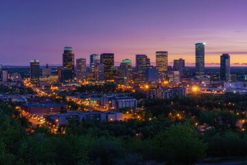 Poster - Urban landscape with buildings and streets lit up at night from a hilltop vantage point