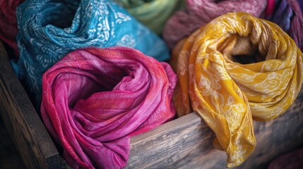 Aufkleber - A wooden box filled with variously colored scarves, perfect for storing or displaying textiles