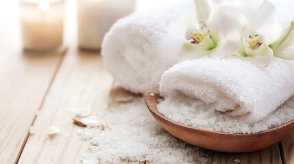 Aufkleber - Cozy spa setting featuring fluffy white towels salt and candles designed for a tranquil bathing experience : Generative AI