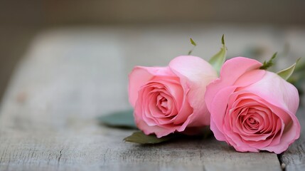Poster - Beautiful pink roses elegantly placed on a rustic wooden table creating a romantic atmosphere : Generative AI
