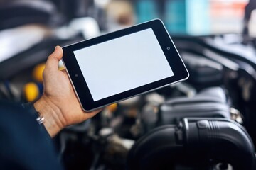 Poster - A person holding a tablet computer in front of a car, suitable for tech-related concepts or travel scenarios