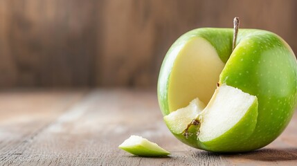 Poster - Green apple with a bite taken out placed on rustic wooden background for healthy eating concepts : Generative AI