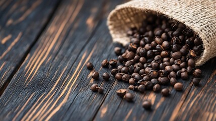 Poster - Spilled coffee beans from a burlap sack creating a rustic earthy atmosphere on a wooden surface : Generative AI