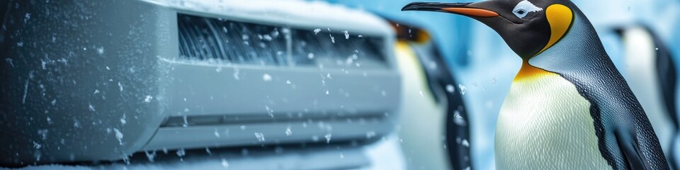 Poster - A penguin stands near an air conditioner in a snowy environment, suitable for winter-themed or humorous illustrations