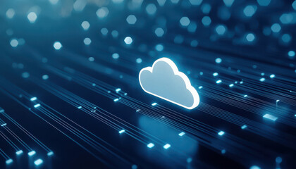 Poster - data processing system, digital cloud technology with glowing lines and data streams