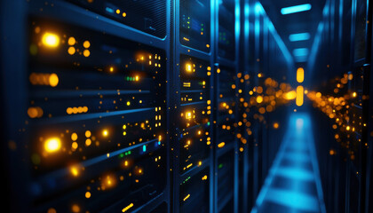 Poster - data processing system, High tech server room with glowing data connections and blue lighting