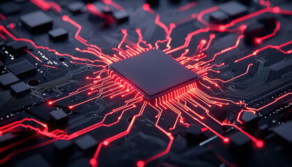 Poster - data processing system, high tech circuit board with glowing red connections and central processor