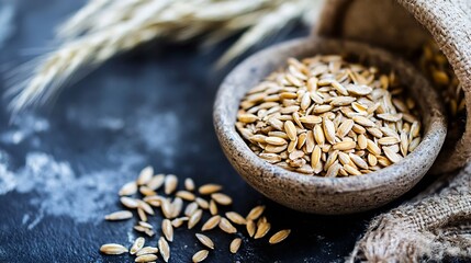 Aufkleber - Close up of whole grain oats in a rustic bowl on a dark background with ears of wheat : Generative AI