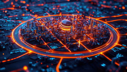 Poster - data processing system, Futuristic cityscape with glowing circuits and data processing elements