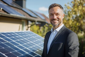 Poster - Man in suit standing by solar panel, great for business or technology concept