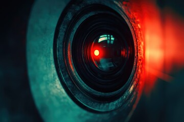 Poster - Close-up shot of a camera lens with a red light, perfect for photography or tech-related concepts