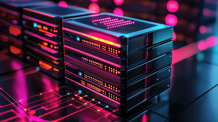 Poster - data processing system, futuristic data processing system with glowing servers and circuits