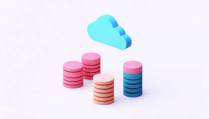 Poster - data processing system, 3D illustration of smart data workflow with colorful cloud and data stacks