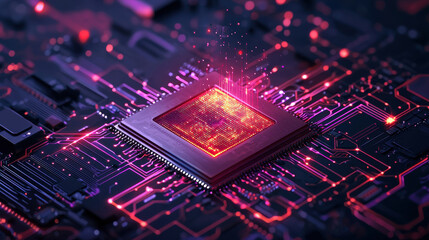 Poster - data processing system, innovative microchip glowing with vibrant colors on circuit board