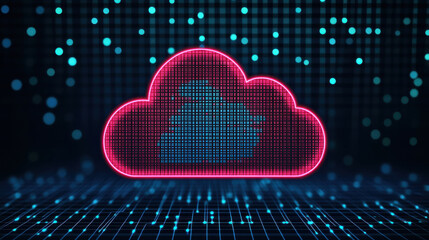 Poster - data processing system, Digital cloud icon with glowing pixels and data flow background