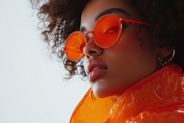 Aufkleber - Portrait of a woman wearing vibrant orange sunglasses