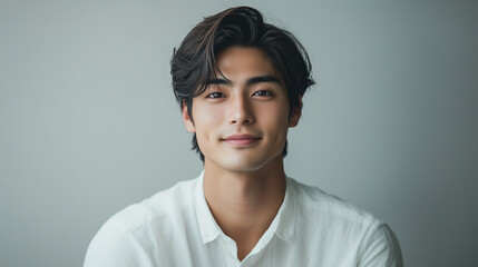 Aufkleber - イケメンのかっこいいアジア人男性のポートレート。白いシャツを着て爽やかな印象。